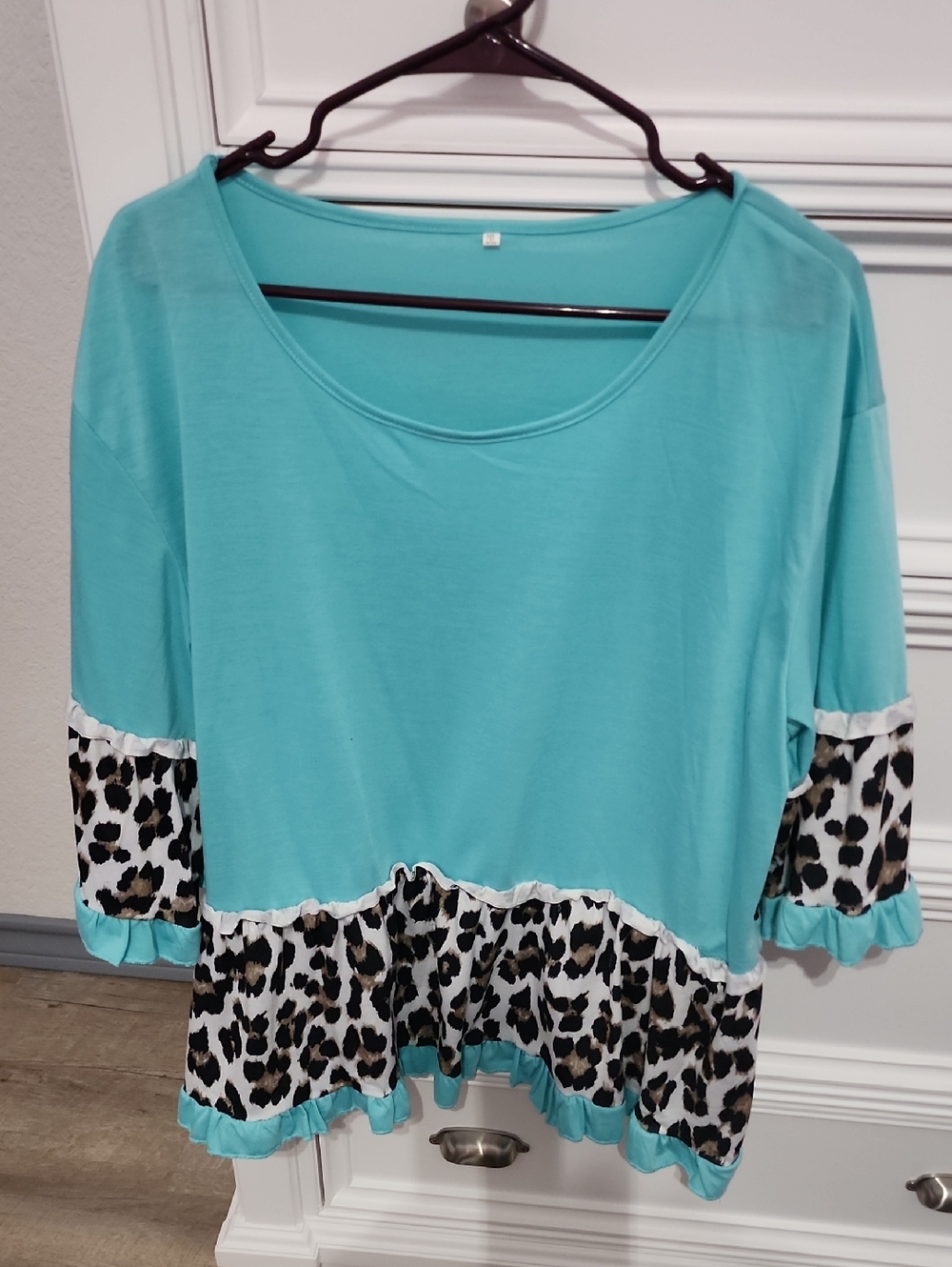 Aqua Ruffle-Hem Tunic with Leopard Trim
